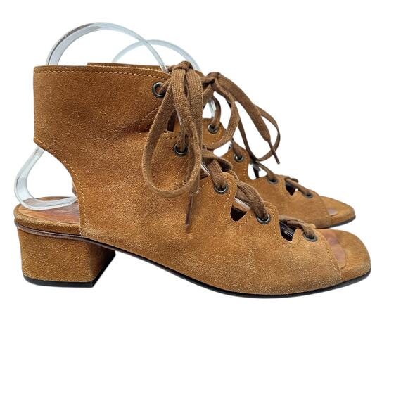 Chie Mihara Lace-Up Sandals Block Heel Suede Tan Brown Size 38.5 US 8.5 - Picture 10 of 16